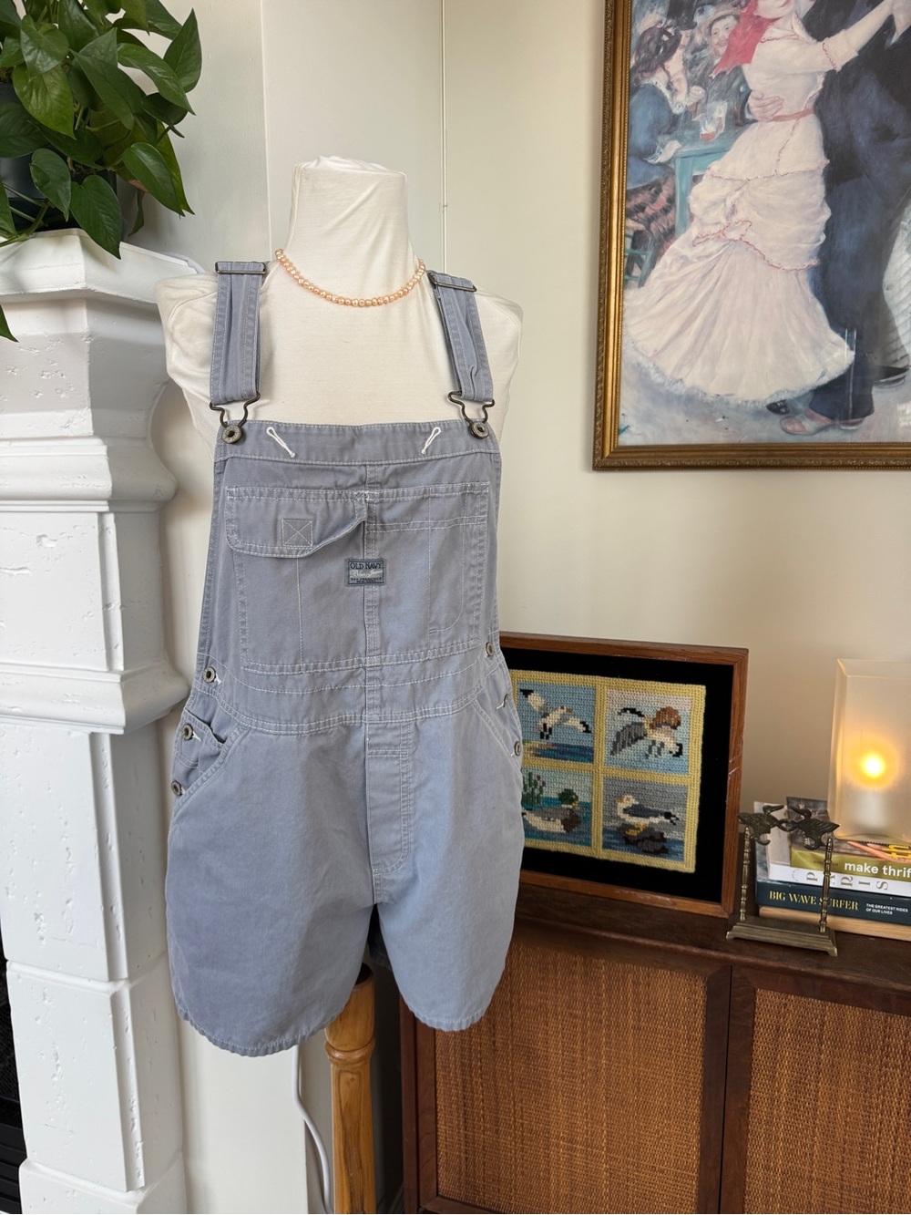 Vintage 100% Cotton Old Navy Light Gray Cargo Short Overalls